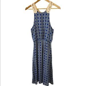 Blue Patterned Crochet Back Gathered Waist Long Dress M